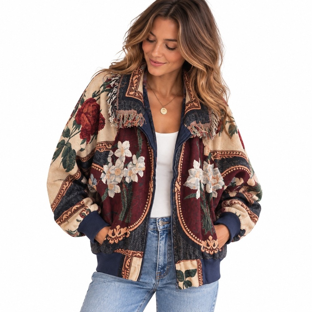 Vintage Floral Tapestry Bomber Jacket Womens Boho Cottagecore Hydrangea Fringe